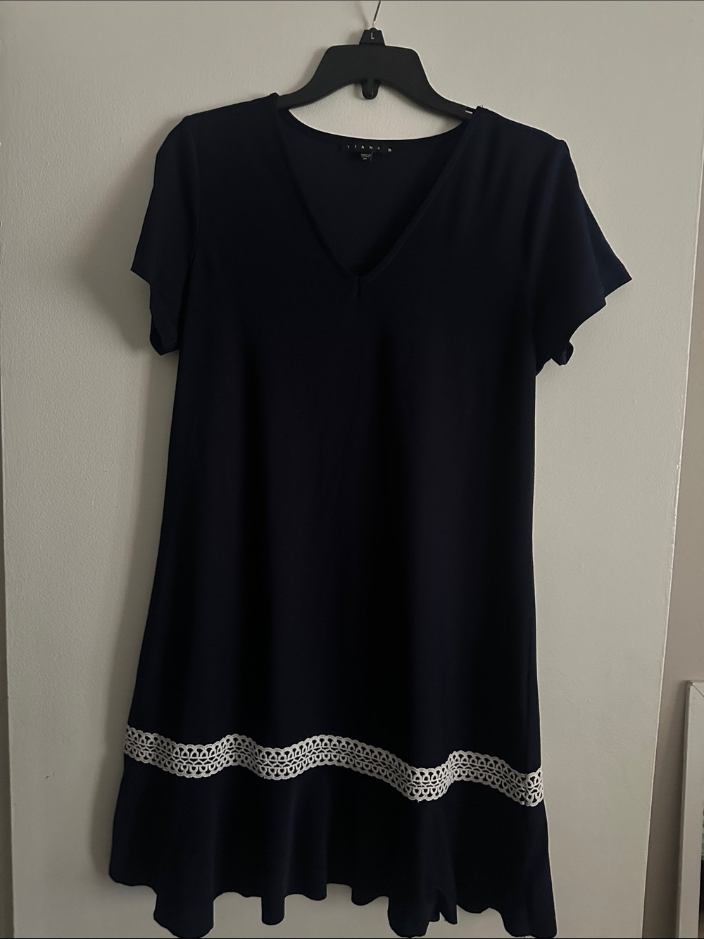 Tiana B. Navy V-Neck Midi Dress with White Trim